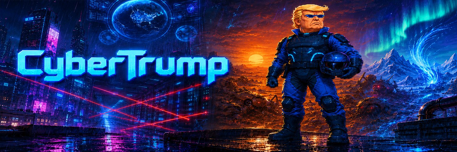 CyberTrump overlooking a rainy neon city on the digital frontier