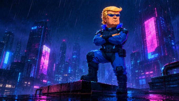 CyberTrump on a rain-slicked rooftop above a neon megacity